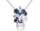 White Freshwater Cultured Pearl with London & Sky-Blue Topaz, Sapphire Pendant Necklace Sterling Silver